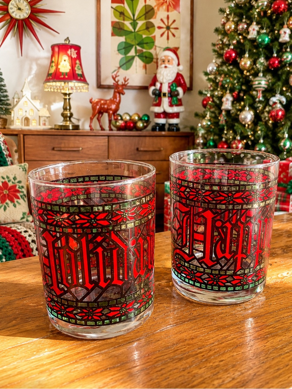 Vintage Pair of Double Old Fashioned Seasons Greetings Christmas Glasses | HOUZE
